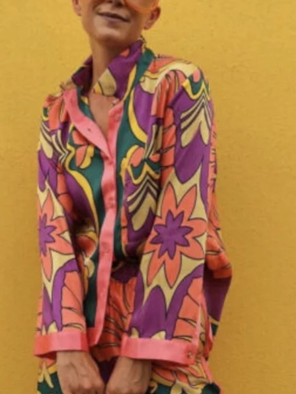 Zara NWT satin Vibrant Floral Print Button-Down Shirt in Purple, Orange & Yellow - Picture 7 of 9